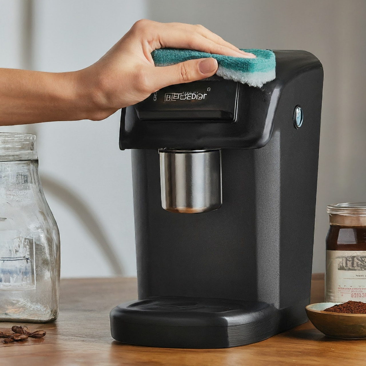 A person using a water softener to clean a coffee make